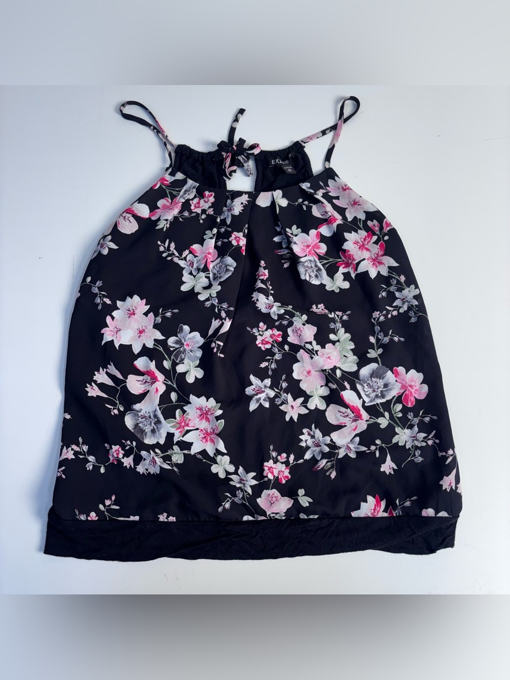 Express Black Floral Halter Tank with Pink & White Blooms